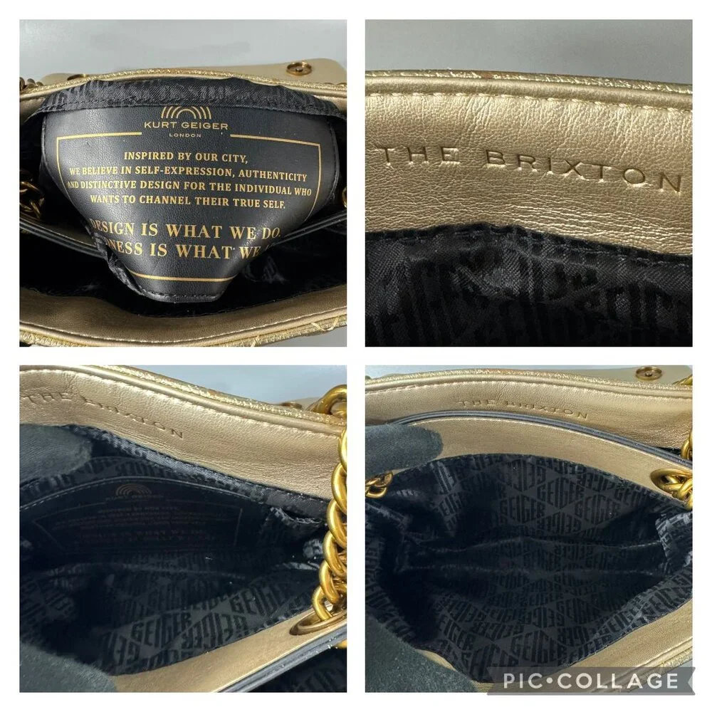 KURT GEIGER LONDON BRIXTON Metallic Gold Quilted Leather Pad Lock Shoulder Bag - Picture 11 of 12